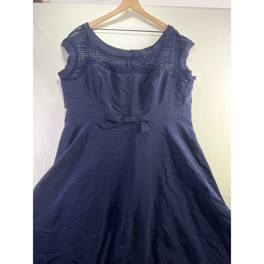 Fervour Navy Blue Crochet Lace Yoke Fit Flare Dress Plus‎ Size 3X Bow Waist